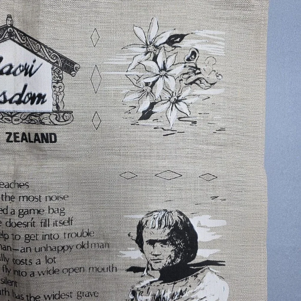 Vtg Maori Wisdom Proverbs Natural Flax Linen Tea Hand Towel New Zealand 19 x 29